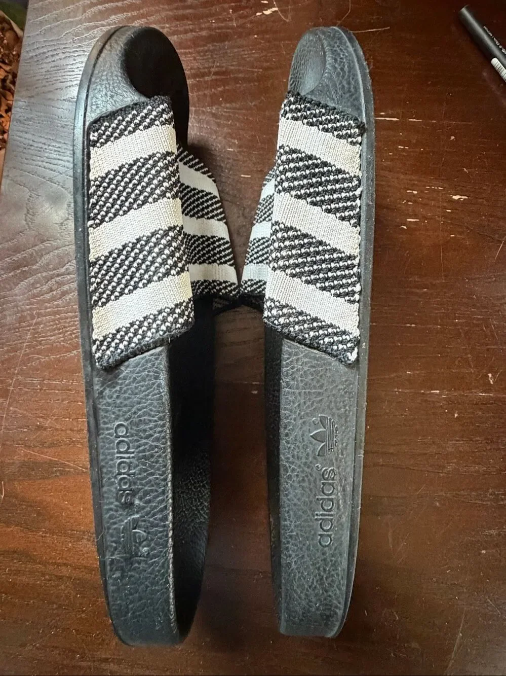 Adidas Men’s Woven Fabric Strap Slides – Black/White – Size 9